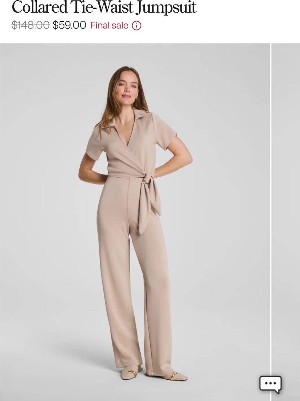 SPANX Tie-Waist Collared Short-Sleeve Jumpsuit in Light Beige